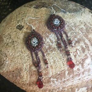 Hand Crafted Christmas Rose Cameo Chandelier Swarovski Beaded Pierced Earrings